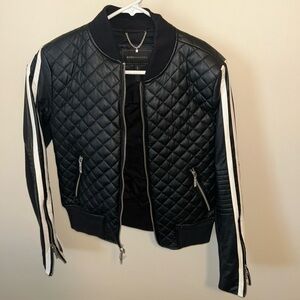 BCBGMaxAzria Quilted Black Bomber Jacket with White Stripes